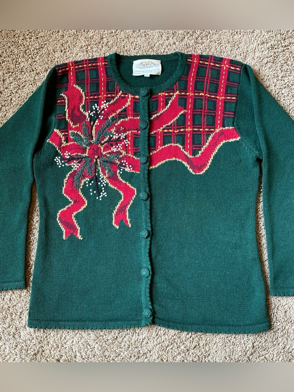 Susan Bristol Christmas Sweater Women M Green Beaded 1994 Hand Embroidered Vtg